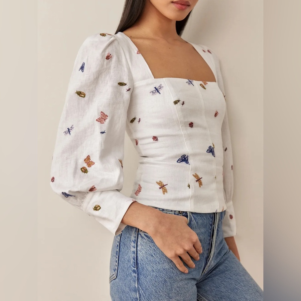 Reformation Stilton Embroidered Linen Top Ladybugs 4